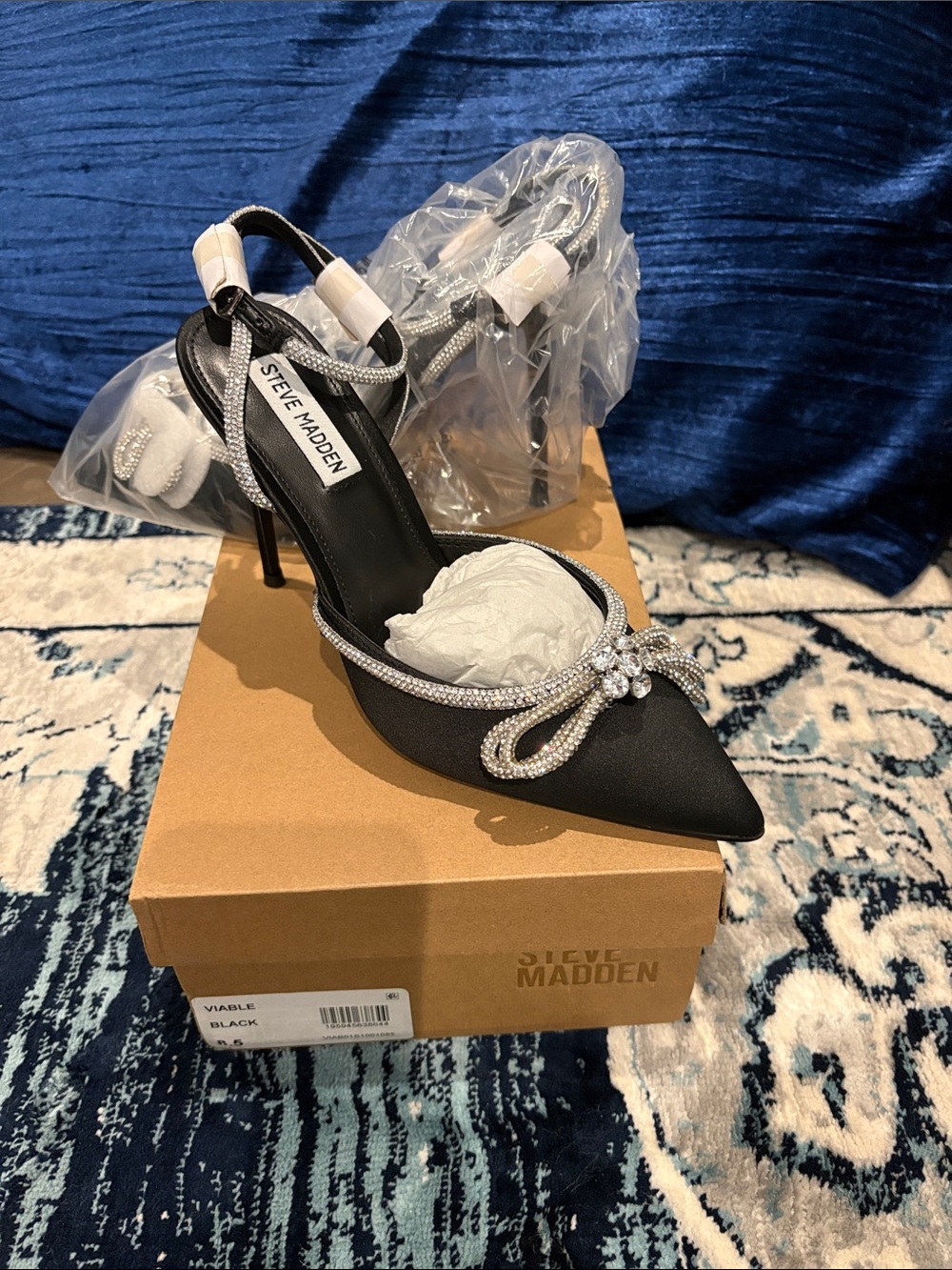 Steve Madden Black Stiletto Sandals with Crystal Rope Trim